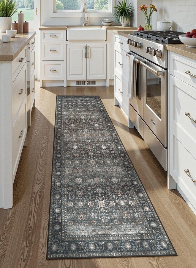 Collive Washable Hallway Runner Rugs, 2'6''x8' Long Kitchen Runners Rug Non Slip Low Pile Entryway Indoor Door Mats, Black Vintage Boho Soft Bathroom Carpet Runner for Laundry, Bedroom - Image 1